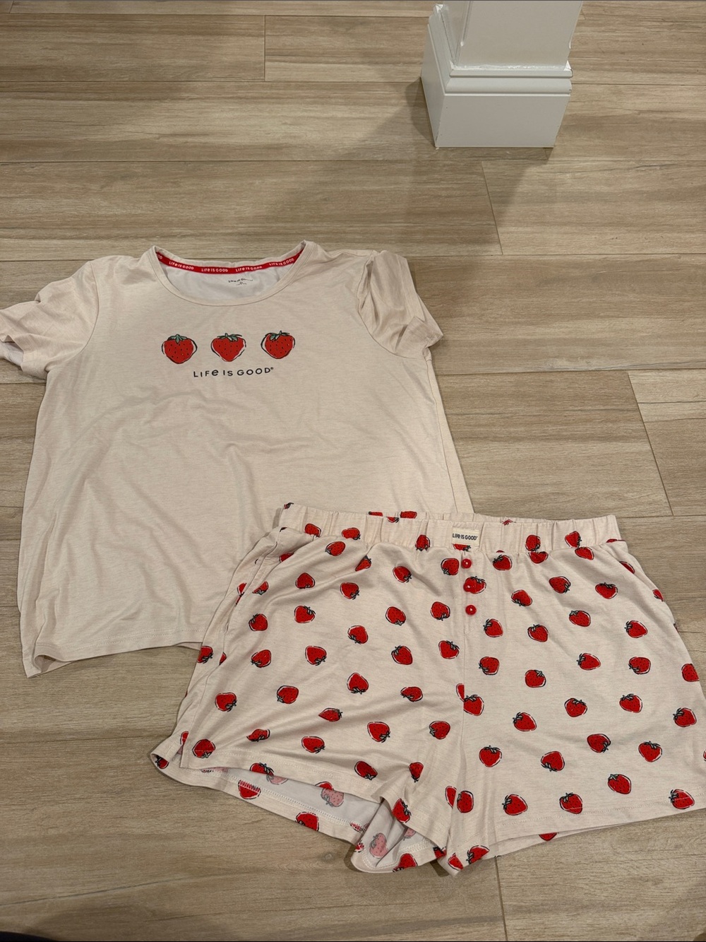 Life Is Good Cream Pajama Set with Red Strawberry Motif